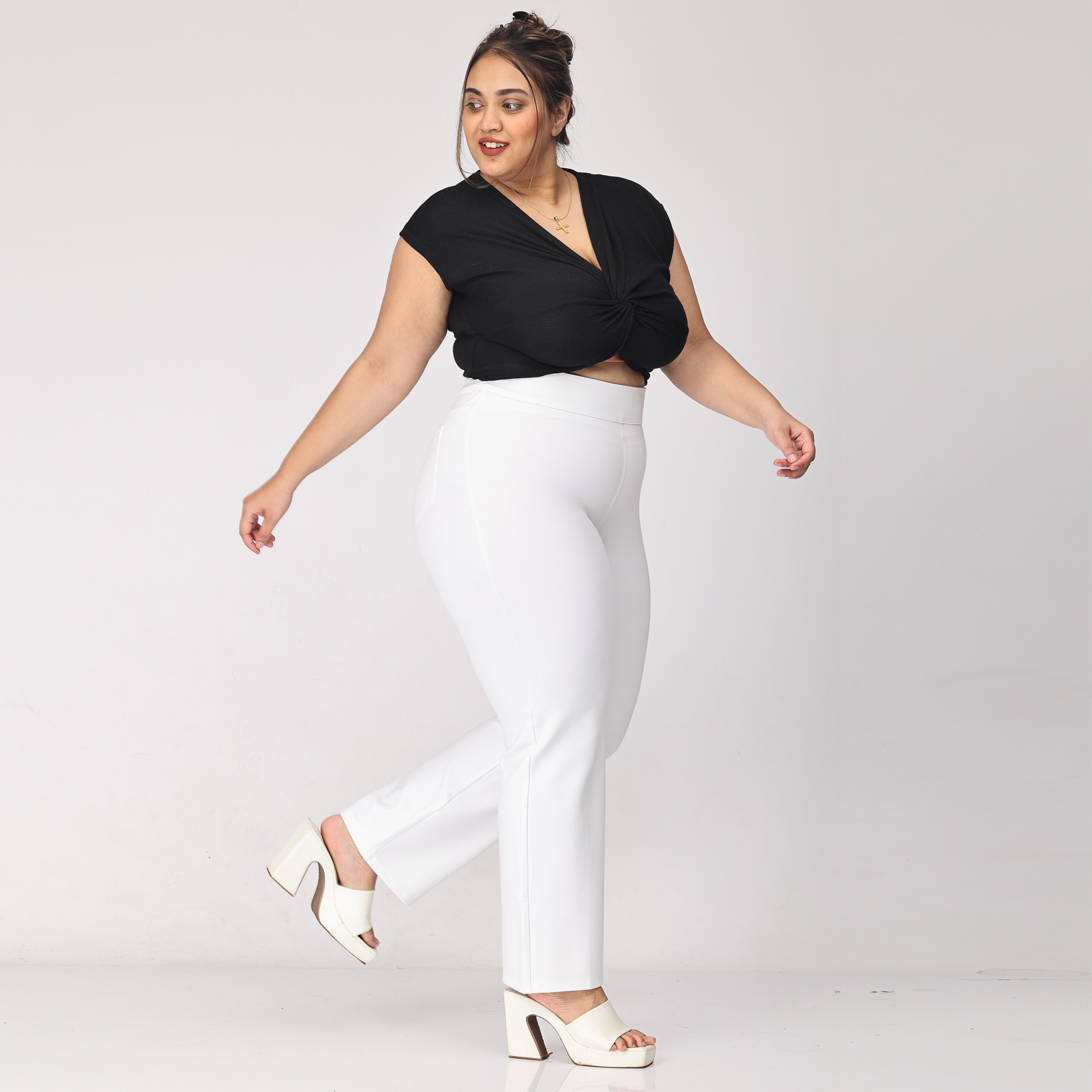 Plus Size Black Elasticated Tapered Stretch Trousers | Yours Clothing