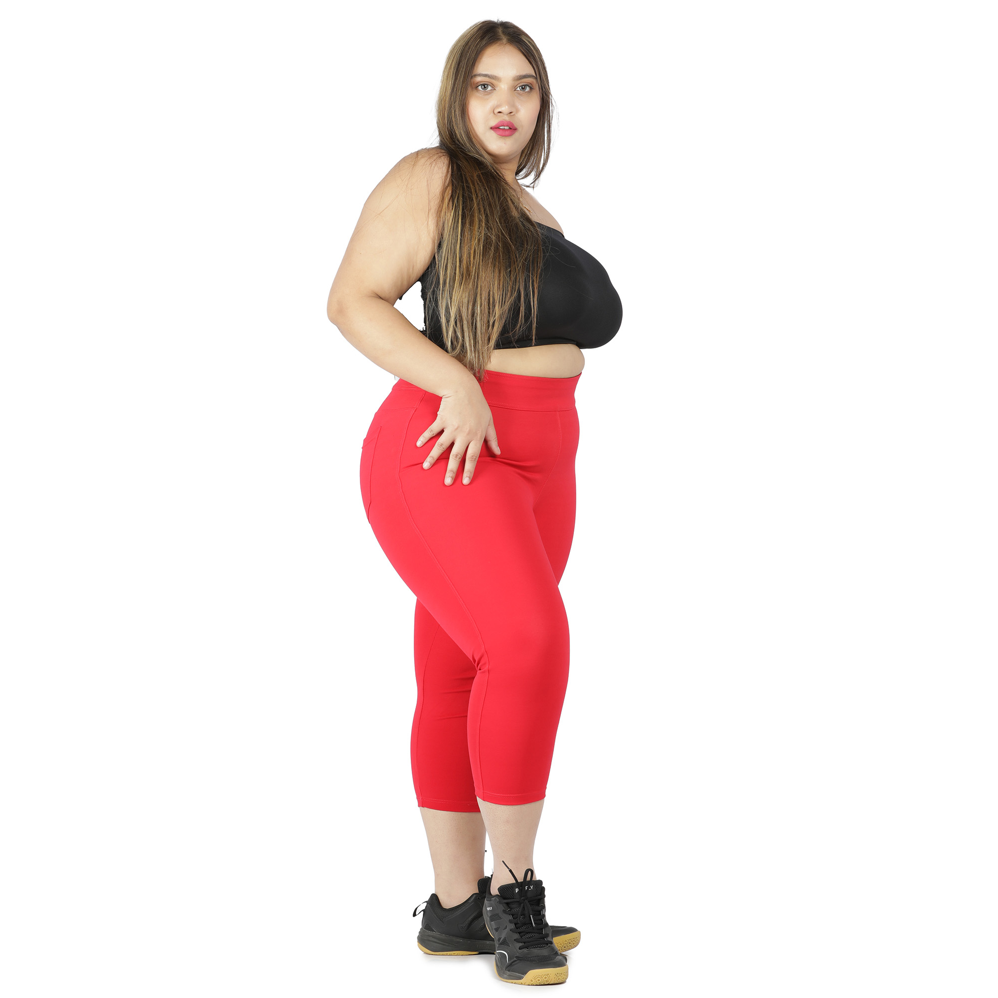 Red capris women gym wear High waist 2 back pockets - Belore Slims