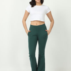 Dark green women bell bottom casual trouser with 2 side pockets