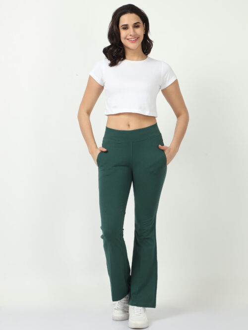 Dark green women bell bottom casual trouser