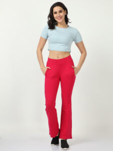 Dark pink women bell bottom casual trouser with 2 side pockets